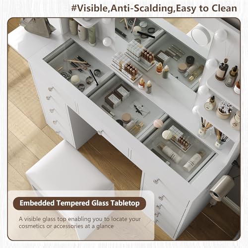 Vanity Desk with Power Outlet, 11 Drawers Makeup Vanity with Lighted Mirror, 3 Colors Adjustable, Glass Top Vanity with Chair, 4 Shelves and Fold-up Panel, Dressing Table for Bedroom, White