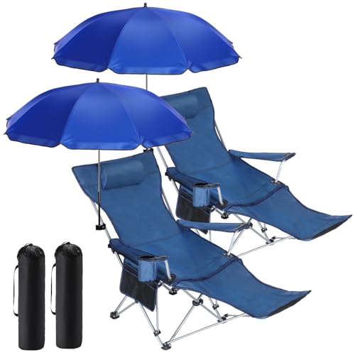 Karenhi 2 Set Beach Camping Chair with Umbrella for Adult Folding Reclining Camping Chair with Foot Rest Adjustable Clamp Canopy Shade for Outdoor Patio Travel Beach(Blue)
