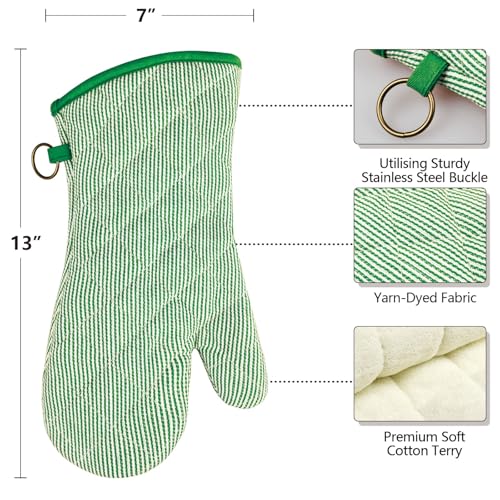 1 Pair Yarn Dyed Oven Mitts 100% Cotton Heat Resistant 470 Degree Gloves Men Women Cooking Baking Barbecue BBQ Microwave Crafting Machine Washable Pot Holders Mittens (red2)