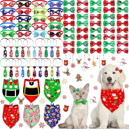 Sadnyy 86 Pcs Christmas Dog Bows for Christmas Bowtie Set Include Adjustable 6 Xmas Bandanas 20 Neckties 20 Bowties 40 Hairpins for Dogs Cats Pets Grooming Accessories