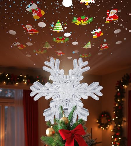 Christmas Tree Star Topper, Built-in Led 360° Rotating Snowflake Projector Pentagram Plug in Christmas Tree Ornament for Indoor Office Xmas New Year Holiday Tree Decor (Golden)