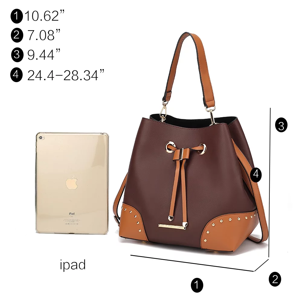 MKF Collection Callise Vegan Leather Women's Bucket Bag & Wristlet Wallet 2-Piece Set by Mia K. - Black Cognac