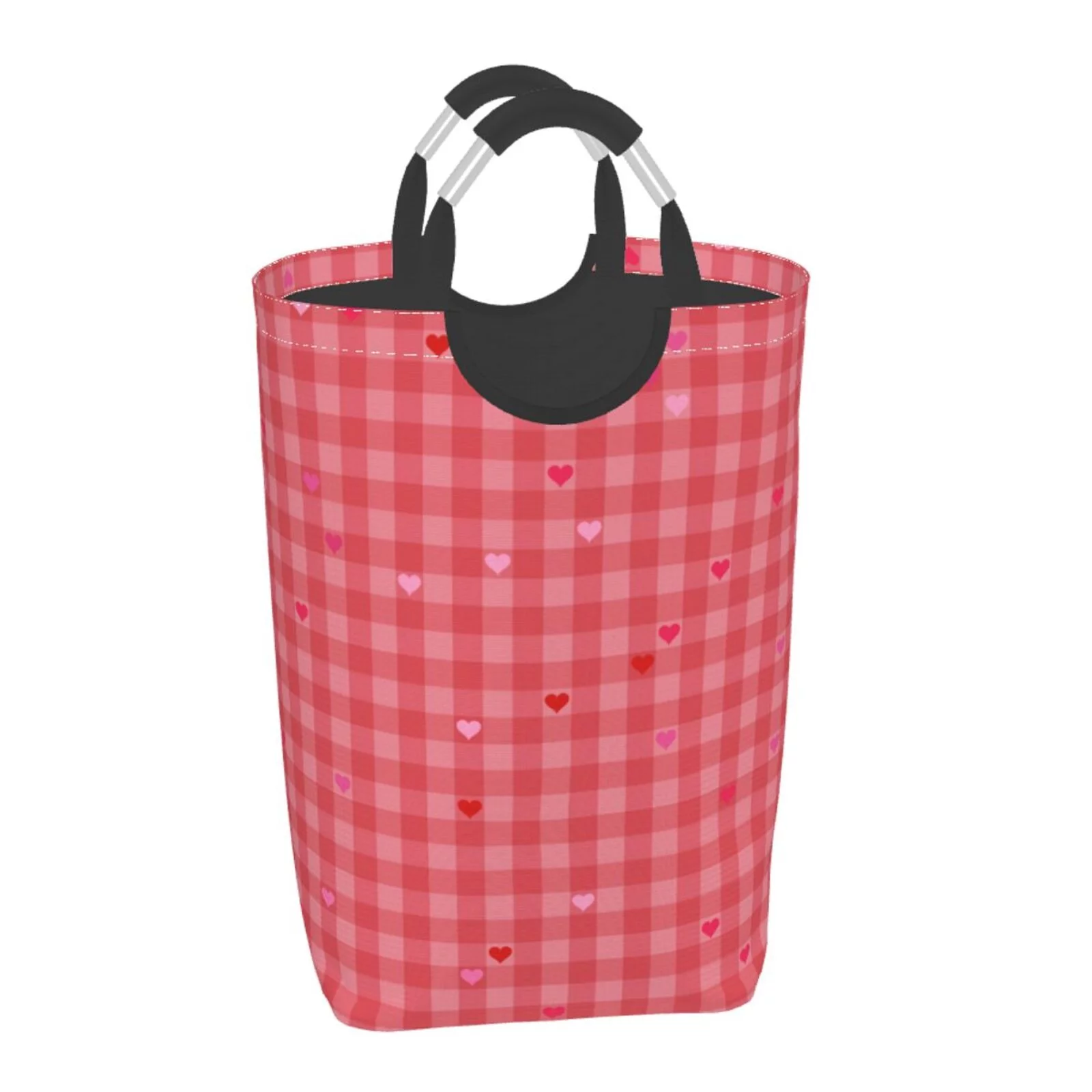 Laundry Hampers, Red Hearts Love Checkered Pattern Foldable Laundry Hamper With Handles Waterproof, 50L Large Capacity