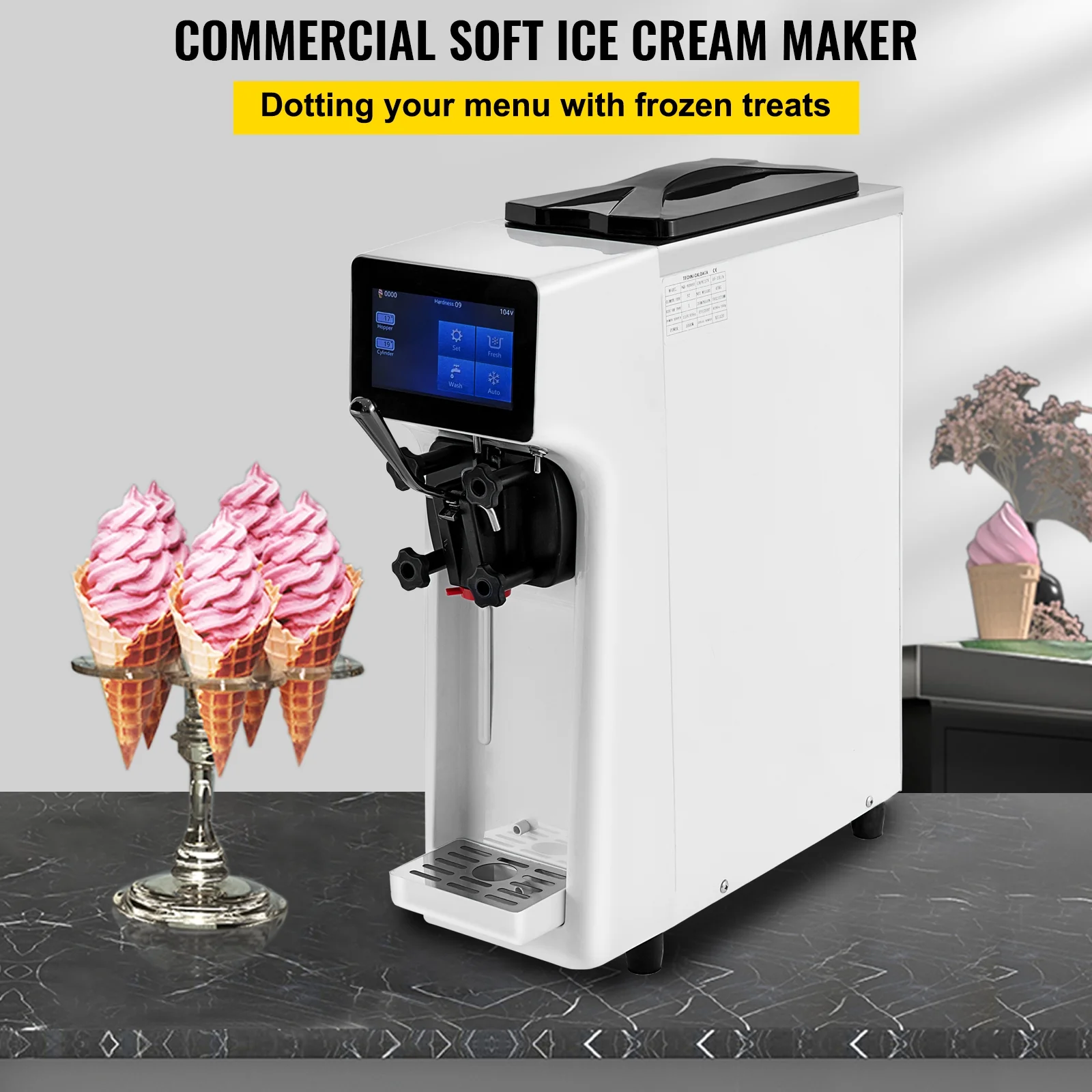VEVOR Commercial Ice Cream Machine, 10-20L/H Yield, 1000W Countertop Soft Serve Maker with 4.5L Hopper 1.6L Cylinder Touch Screen Puffing Shortage Alarm, Frozen Yogurt Maker for Café Snack Bar, White