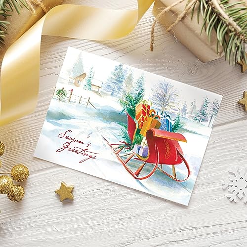 Masterpiece Holiday Greetings Trimmed In Scarlet Christmas Cards / 16 Boxed Snowy Cardinal Wreath Holiday Cards With Silver Foil Lined Envelopes / 5 5/8