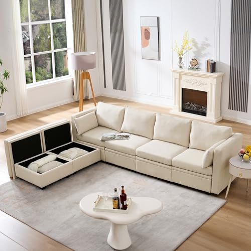 Modular Sectional Sofa with Storage, U Shaped Sectional Couch for Living Room, Convertible Sofa with Ottomans, High Supportive & Soft Sponge, 6 Seater, Beige