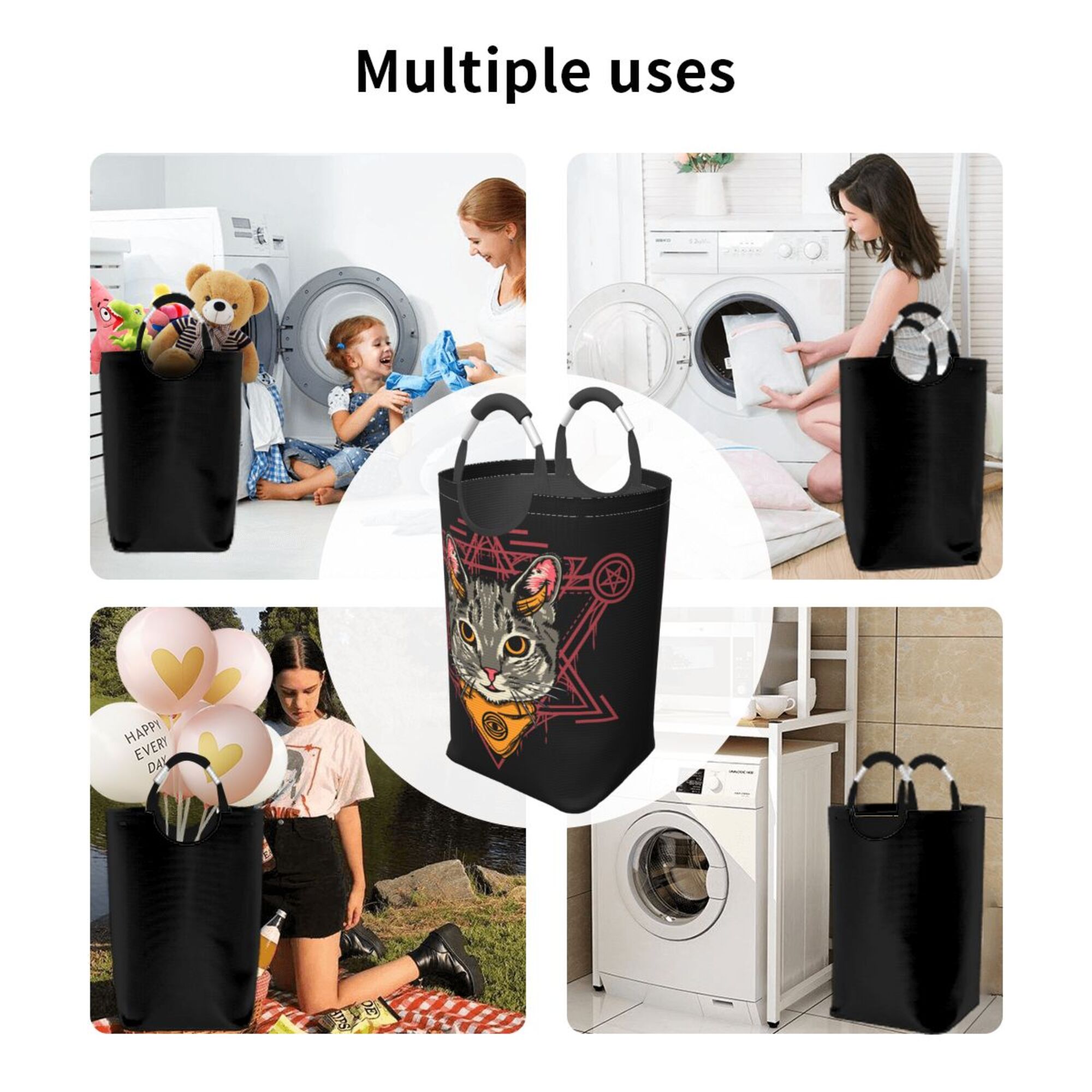 DouZhe 50L Rectangular Laundry Basket, Gothic Cartoon Devil Cat Prints Waterproof Foldable Laundry Hamper with Aluminum Handles