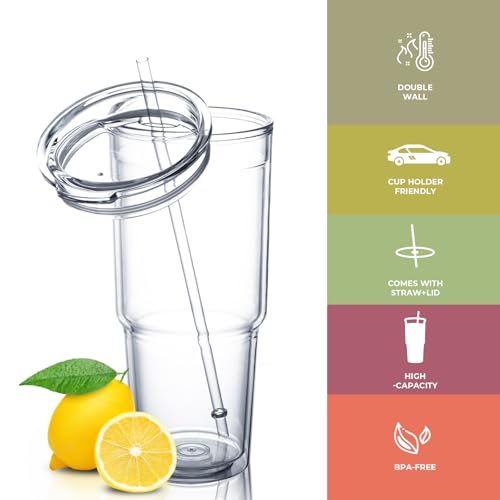 MEWAY 30oz/2 pcs Classic Insulated Tumblers,Double Wall Acrylic Tumbler with Lid，Reusable Plastic Insulated Tumblers with Straw，for cold drinks, sand ice, whatever you like(transparent,2 pack)
