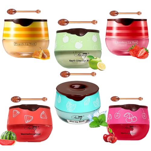 6 PCS Bee Lip Balm Honey Pot,Propolis Lip Mask Moisturizing,Reduces Lip Lines,Sleeping Lip Balm Prevention Dry and Cracked, Lip Scrubs Exfoliator (Honey,Strawberry,Watermelon,Apple Lime,Cherry, Mint)