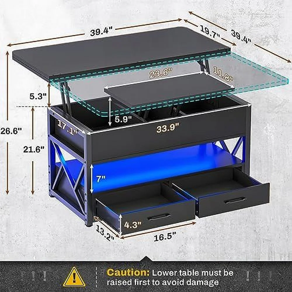 TJUNBOLIFE 40" Lift Top Coffee Table  4 in 1  with  for Living Room  Small Farmhouse Coffee Table with 2 Drawers & LED Light for Dining Reception Room  Rustic White