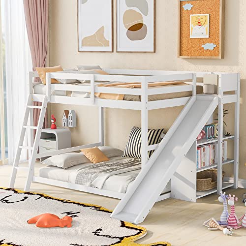 Merax Modern Bunk Over Full Wood Bunk Bed with Slide, Floor Bunk Bed Frame with Storage Shelves, Space-Saving Grey