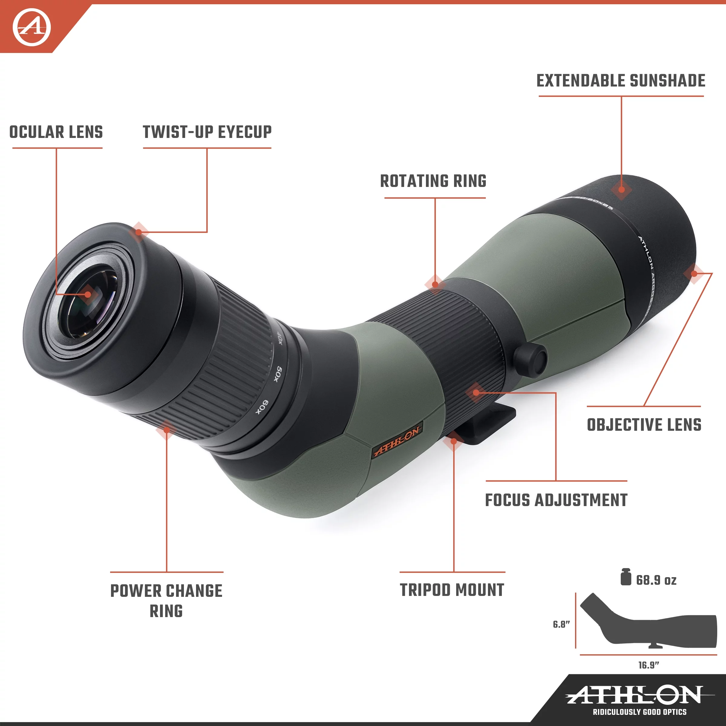 Athlon Optics Argos HD 20-60x85 Spotting Scope, 45 Degree Angle - Green/Black (314001)