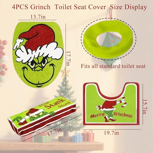 Christmas Decorations - Grinch Toilet Seat Cover Xmas Bathroom Sets - Christmas Decor Toilet Seat Cover and Rug for Indoor Home Bathroom Set of 4