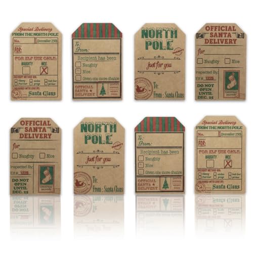 Natural Kraft from Santa Claus Gift Tag Stickers – 2 x 3 Inch Holiday Labels, Roll of 100 – Rustic Christmas Tags for Wrapping Presents, Made in The USA