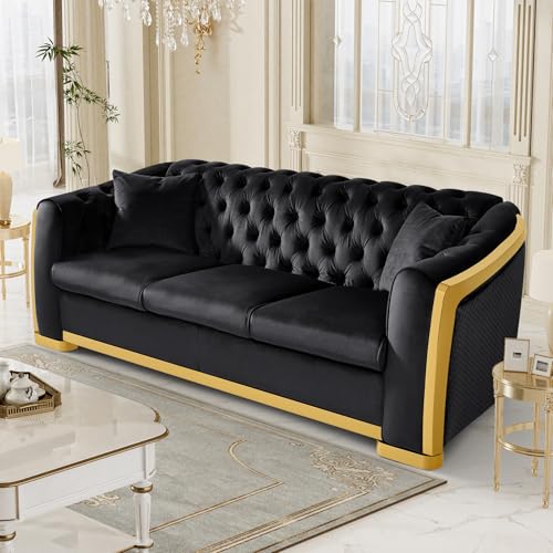 Luxury Velvet Chesterfield Sofa for Living Room, Comfy Grey and Gold Couch Vintage Loveseat Couches Curved 3 Seater Couch Tufted Sofas with Gold Legs for Bedroom, Grey