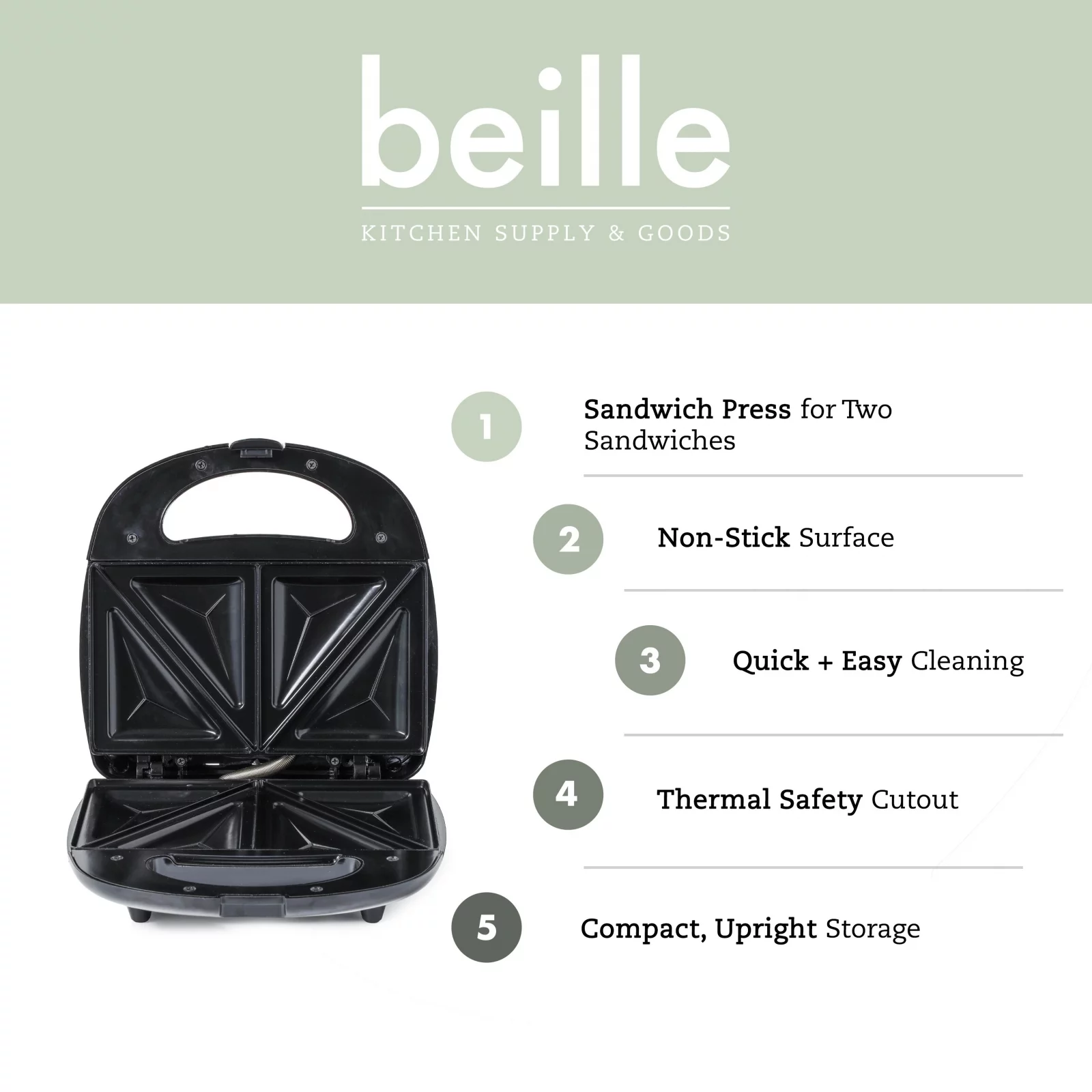 Beille Kitchen Cooking Sandwich Maker Toaster with Non-Stick Stainless Steel Plates