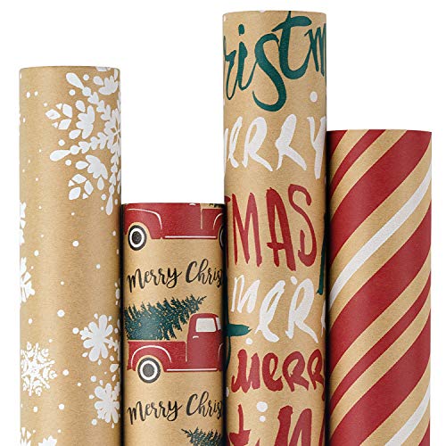 RUSPEPA Christmas Kraft Wrapping Paper - Owl, Reindeer, Christmas Ball and Text Design - 4 Rolls - 30 inches x 10 feet per Roll