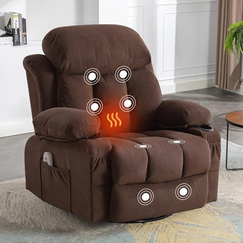 Massage Recliner Chair, Swivel and Rocking Recliner with Heat and Vibration, Breathable Fabric Ergonomic Single Sofa Chair for Living Room with Cup Holders, Side Pockets and USB (Grey)