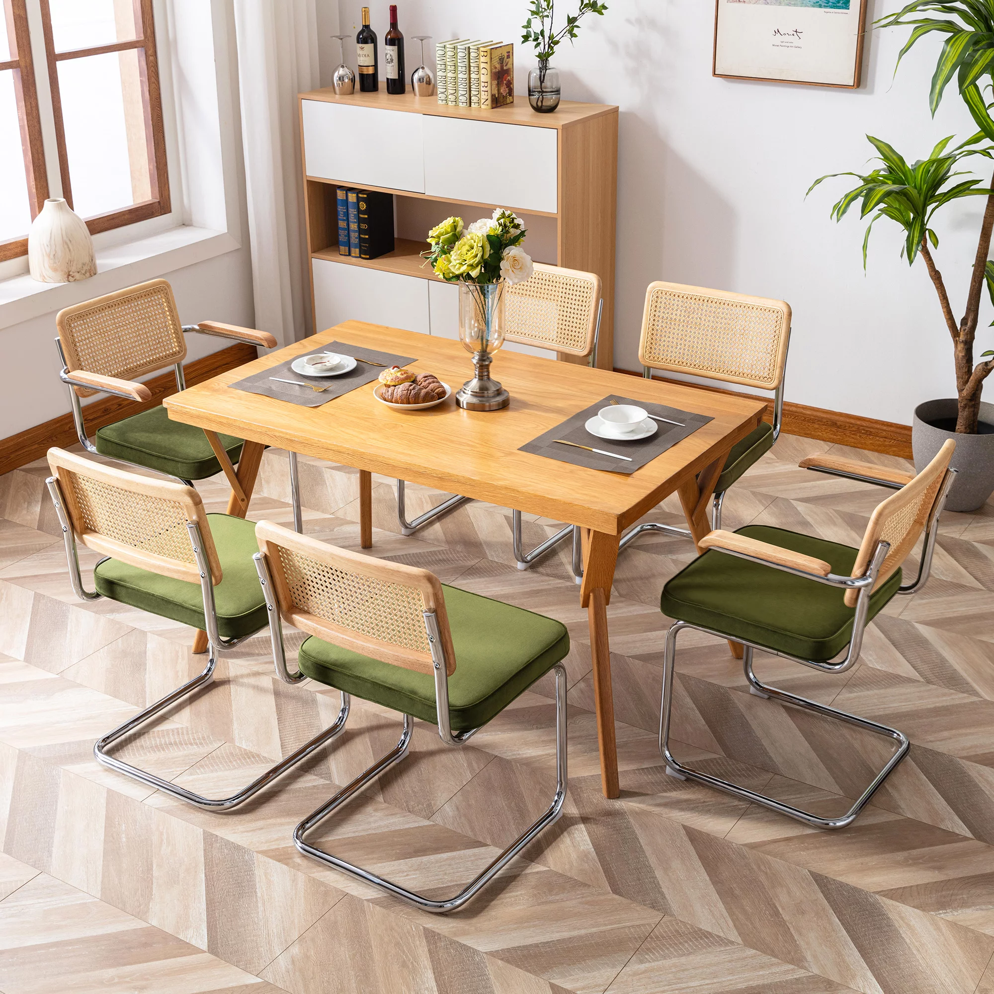 Zesthouse Mid-Century Modern Rattan Dining Chairs Set of 2, Velvet Upholstered Kitchen Arm Chair with Cane Back and Chrome Legs, Green