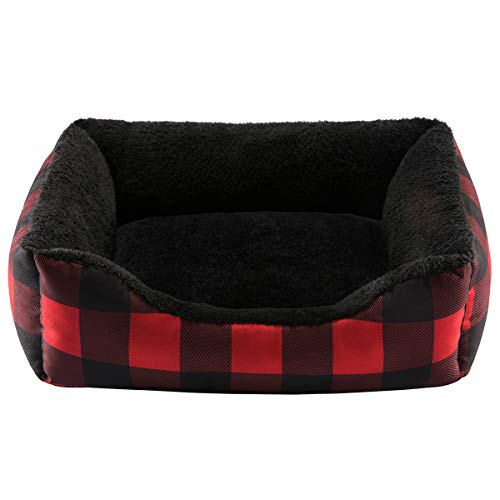 Hollypet Printed Flannel Rectangle Plush Dog Cat Bed Self-Warming Pet Bed, Christmas Red and Green Check