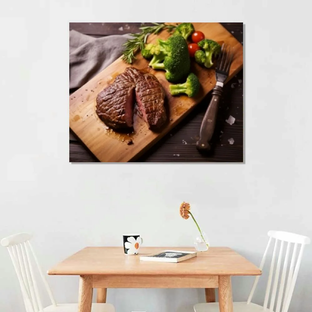 Nawypu Medium Rare Grilled Beef Steak Ribeye With Broccoli On Cutting Board On Wooden Background Canvas Prints Poster Wall Art For Home Office Decorations With Framed