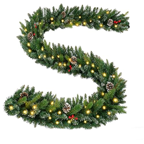 ANOTHERME 9 FT Pre-lit Christmas Garland Holiday Artificial Decor, Christmas Garland with Lights for Stairs Wall Door Indoor Outdoor Garland with Battery Operated Timer