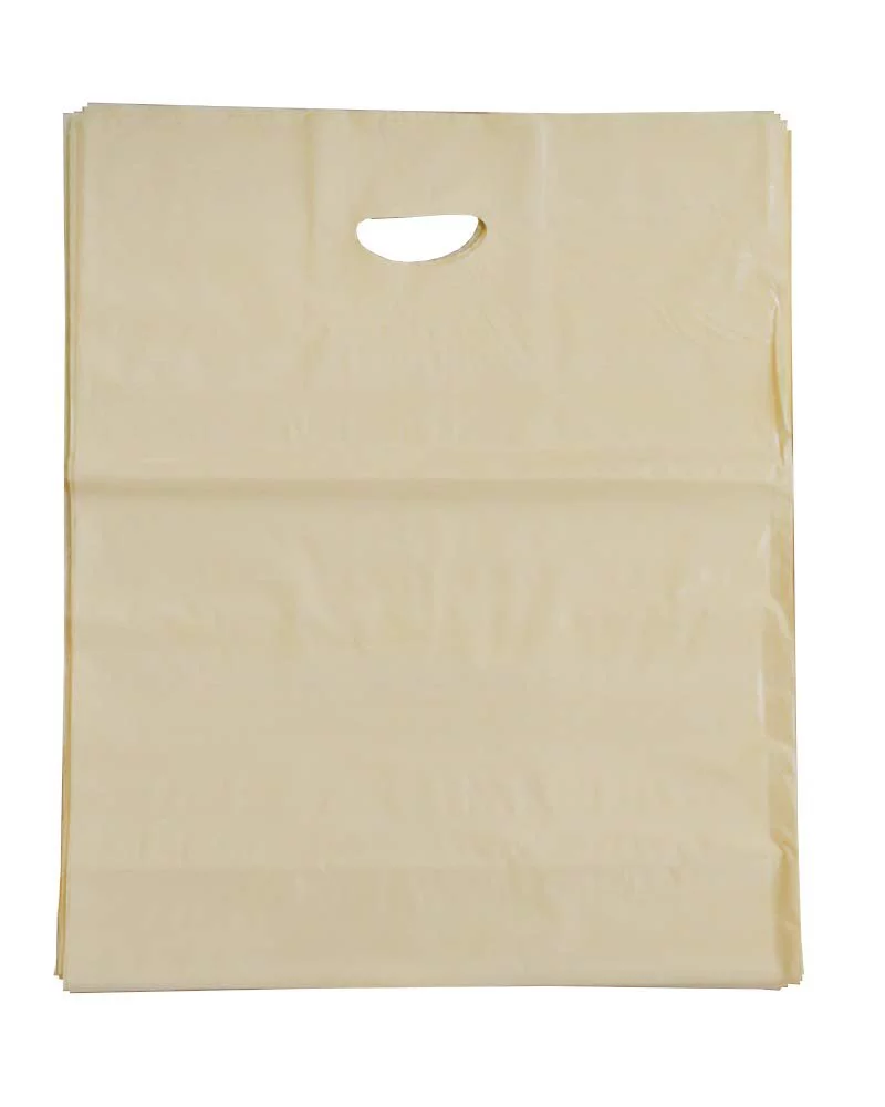 Pack of 500 Ivory Shopping Bags with Die Cut Handle 16 x 11 x 7 Thickness 2 Mil. Bottom Gussset. Low Density Polyethylene Bags 16x11x7 Retail Plastic Bags. Poly Bags with Die-Cut Handles.
