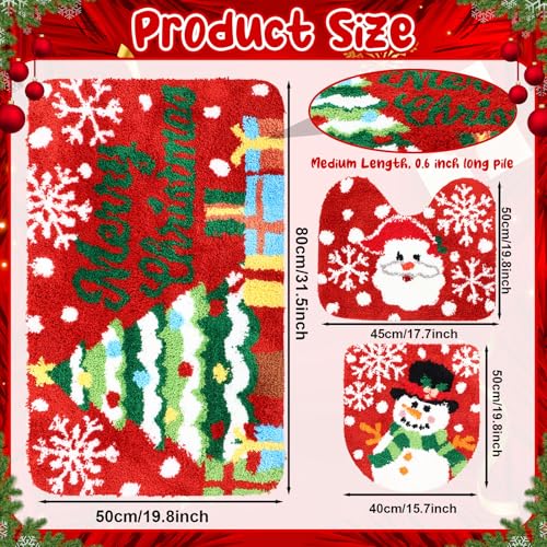 Breling 3 Pcs Christmas Bathroom Rug Set Non Slip Washable Merry Christmas Bath Mat Rug Toilet Lid Cover and Bath Waterproof Mat for Xmas Bathroom Home Decoration