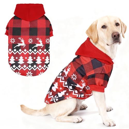 KOOLTAIL Plaid Dog Hoodie Pet Clothes Sweater with Hat and Pocket for Small Medium Large Size Dogs, Soft Winter Warm Dog Cold Weather Coat, Fleece Fall Dog Hooded Sweatshirt for Puppy Cats, Red L