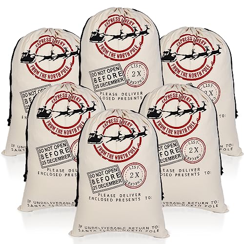 LKITMIUT 6 Pack Santa Sacks - Large Cotton Canvas Gift Bags With Drawstrings - 27.5