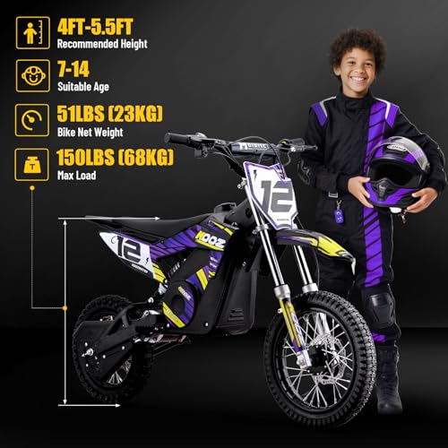 KOOZ HP112E 36V 1000W Electric Dirt Bike for Kids, 3 Speed Modes Teen Electric Motorcycle Up to 18 MPH & 15 Miles Long-Range, Dual Suspension & Disc Brake, 16