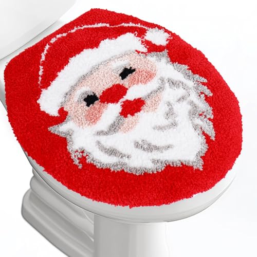 Christmas Toilet Seat Cover Red Santa Soft Absorbent Plush Tufted Toilet Lid Cover Adjustable Washable Rubber Backing Covers for Xmas Holiday Bathroom Decor
