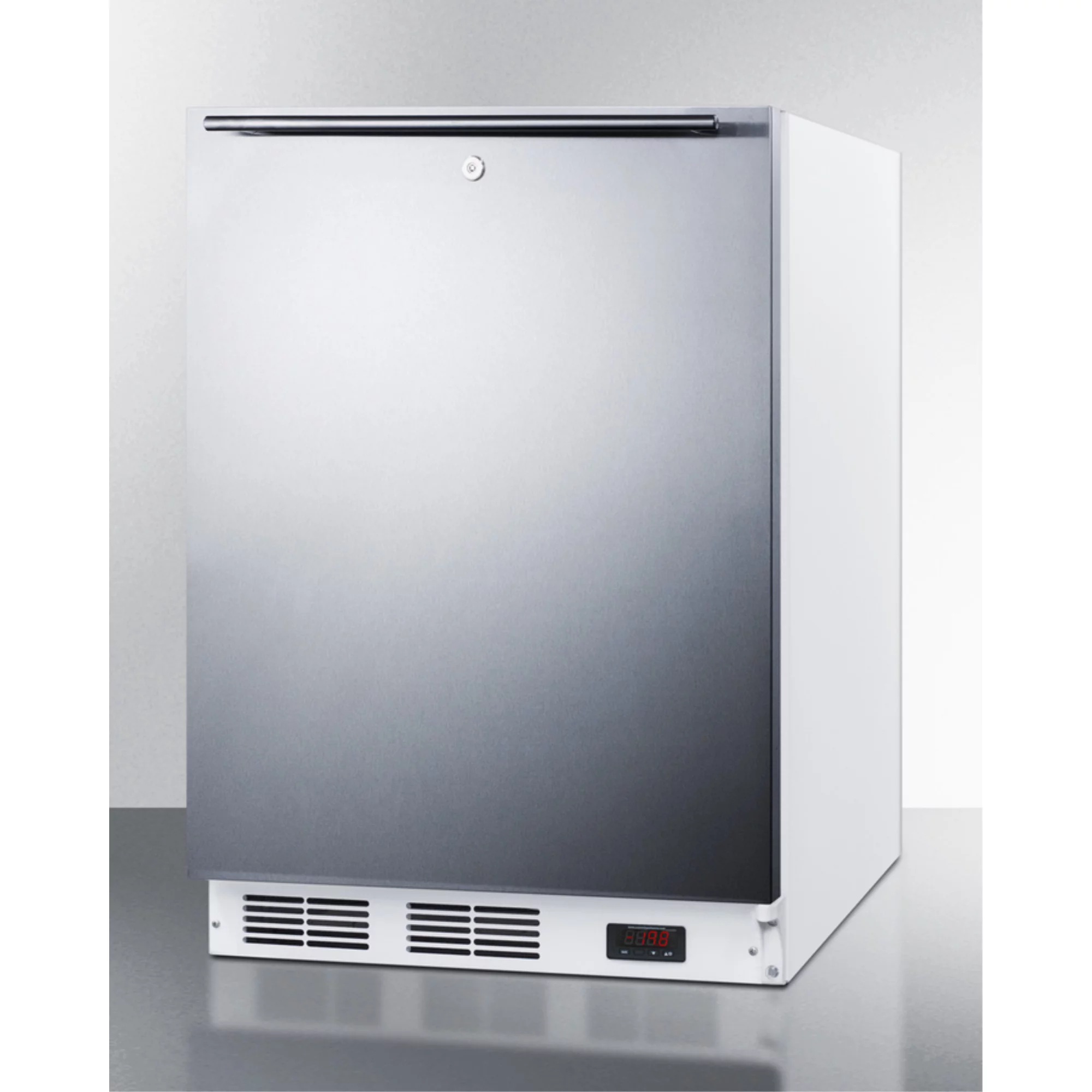 ADA compliant freestanding medical all-freezer capable of -25 C operation, with lock, wrapped stainless steel door and horizontal handle
