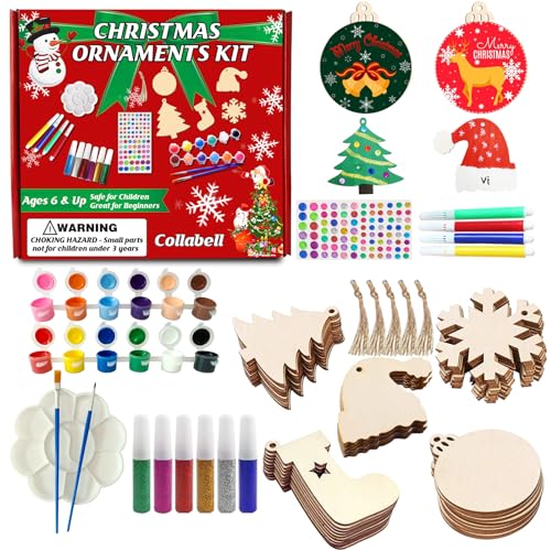 Collabell Christmas Wooden Painting Craft Kit, Paint Your Own Xmas Ornaments, Unfinished Wood Slices Christmas Crafts for Kids Adults, Art and Craft Supplies for Christmas Tree Hanging Decorations
