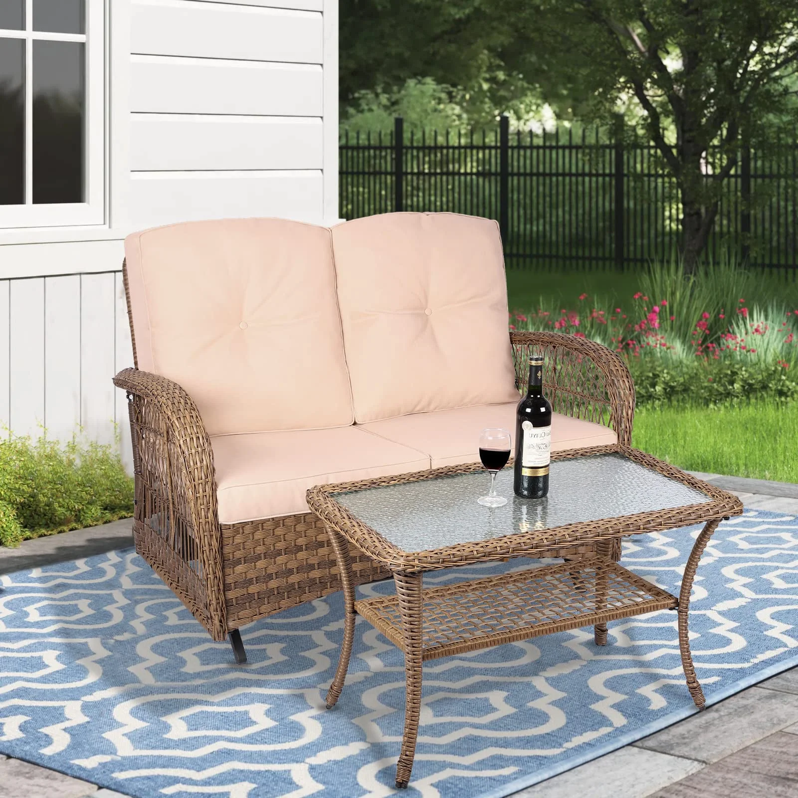 MEETWARM Outdoor Wicker Patio Glider Set with Glass-Top Coffee Table, Loveseat for 2 Person Porch Furniture Glider, Patio Glider Rocking Bench with Thickened Cushions