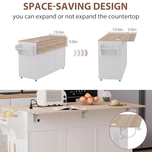 Kitchen Island on Wheels with Storage, Rolling Kitchen Islands with Drop Leaf&Power Outlet, Mobile Kitchen Island Cart with Trash Can Storage, Spice Rack, Towel Rack, Storages Cabinet ,Drawers