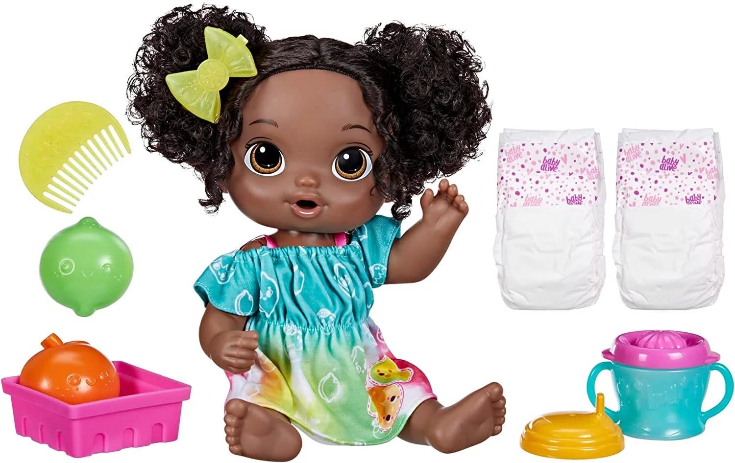Baby Alive Fruity Sips Doll, Toys for 3 Year Old Girls, 12-inch Baby Doll Set, Drinks & Wets, Pretend Juicer, Black Hair