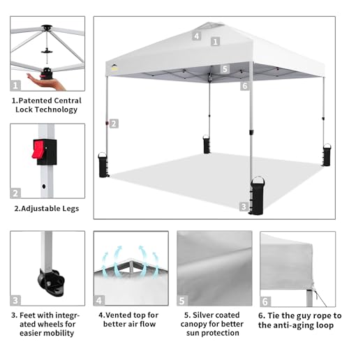 CROWN SHADES 10x10 Pop Up Canopy - Beach Tent with One Push Setup - Easy Outdoor Sun Shade for Events, Parties, Camping - Gazebo with STO-N-Go Cover Bag, Silver Coated Top, White
