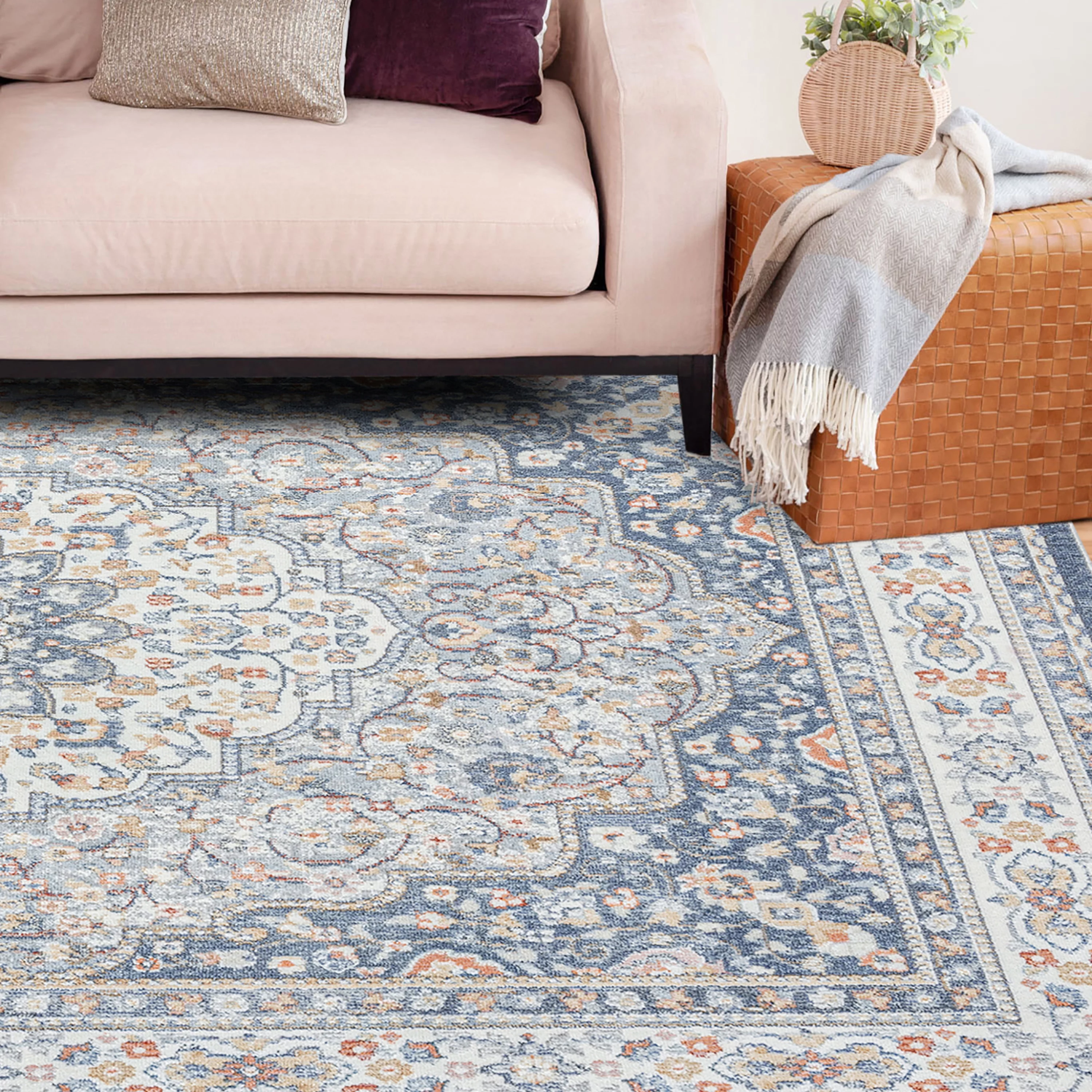 Traditional 5x8 Area Rug (5'3'' x 7'3'') Medallion Navy, Gray Living Room Easy to Clean