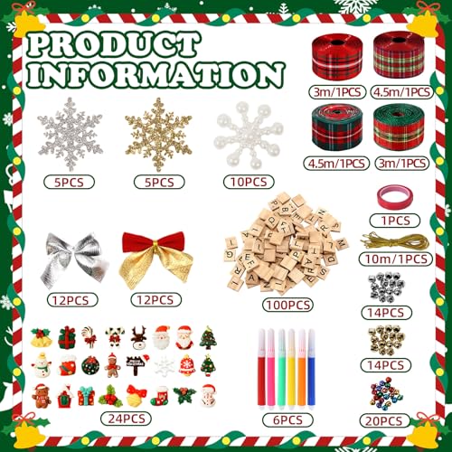 228 Pcs Christmas Ornaments DIY Christmas Tree Decorations Letter Ribbon Bells Bow Hanging Xmas Decor for Xmas Tree Present Wreath Room Holiday Supplies