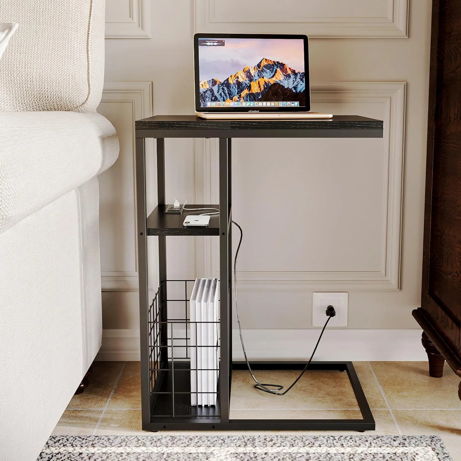 C Shaped End Table, Sofa Table, Couch Table, Bedside Tables, Includes Charging Station With 2 Power Outlets And 2-5V1A USB-A Ports, Slides Under Couch, Black Top