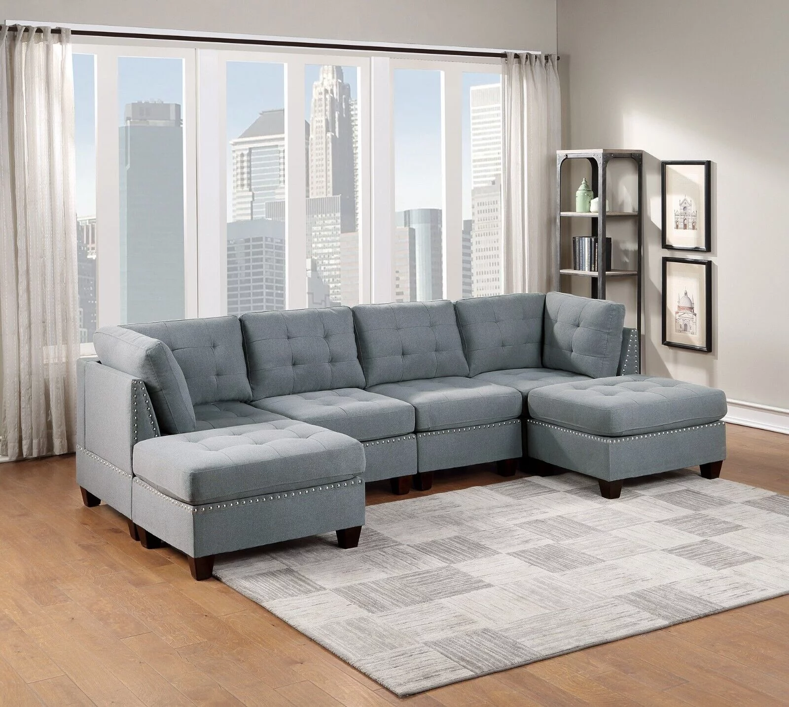Contemporary Living Room Gray Fabric Tufted Cushion 6pc U- Sectional 2x Corner Wedge 2x Armless Chairs 2x Ottomans Couch