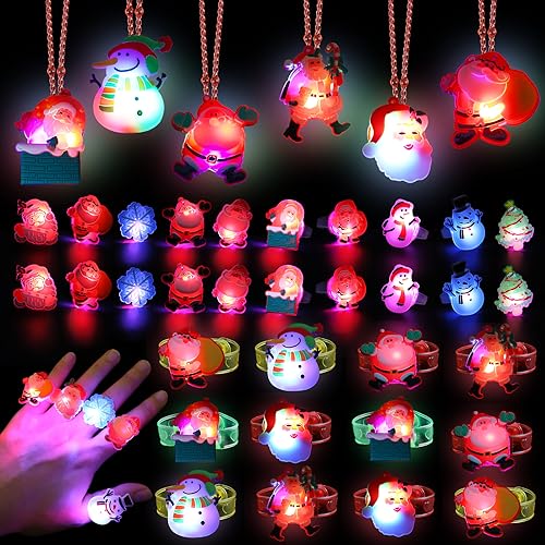 CCINEE 54pack Christmas Party Favors for Kids Light Up Necklace Lighted Rings LED Flash Bracelet Bulk Flashing Light Glow in the Dark Xmas Stocking Stuffers for Christmas Party Supplies