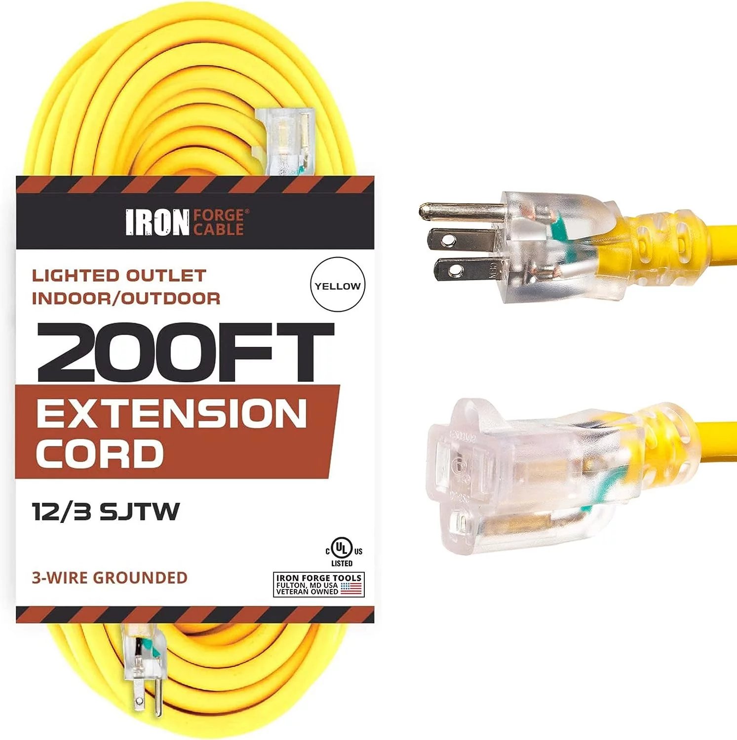 Iron Forge Cable 200 Foot Lighted Outdoor Extension Cord - 12/3 SJTW Heavy Duty Yellow Extension Cable with 3 Prong Grounded Plug for Safety - Great for Garden and Major Appliances
