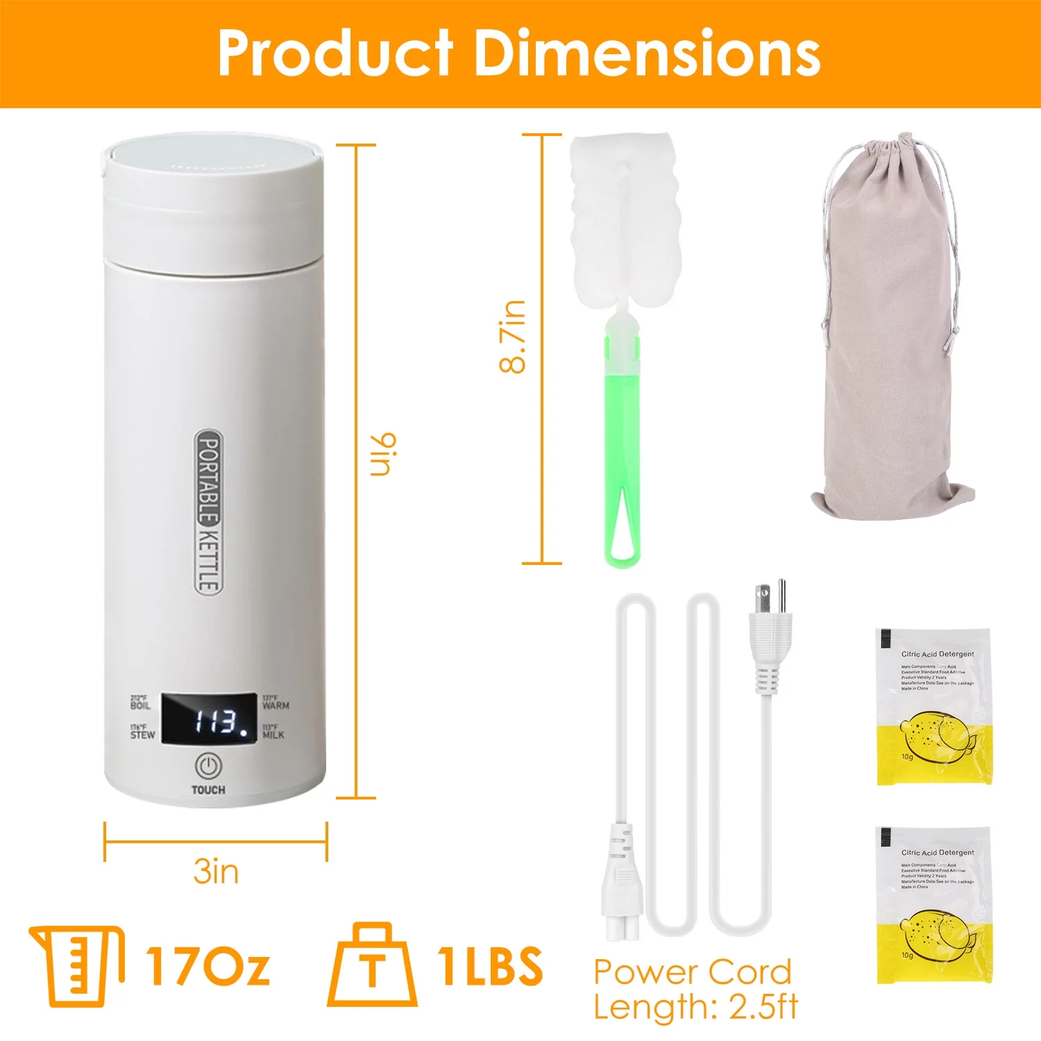 Smart Travel Kettle, 17Oz/500ml, Portable Tea Coffee Kettle, Stainless Steel Water Boiler with 4 Temperature Preset Modes, White