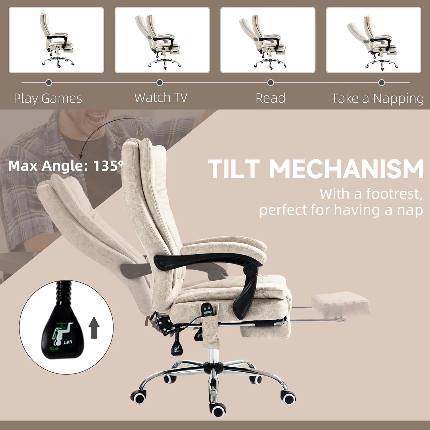 Microfiber Office Chair, High Back Computer Chair With 6 Point Massage, Heat, Adjustable Height And Retractable Footrest, Cream White