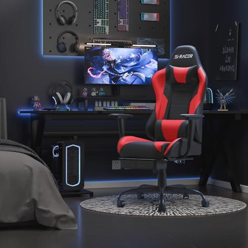 Homall Gaming Chairs, Computer Chair with Footrest and Massage Lumbar Support, Height Adjustable Game Chair with Headrest and Swivel Seat (Black)