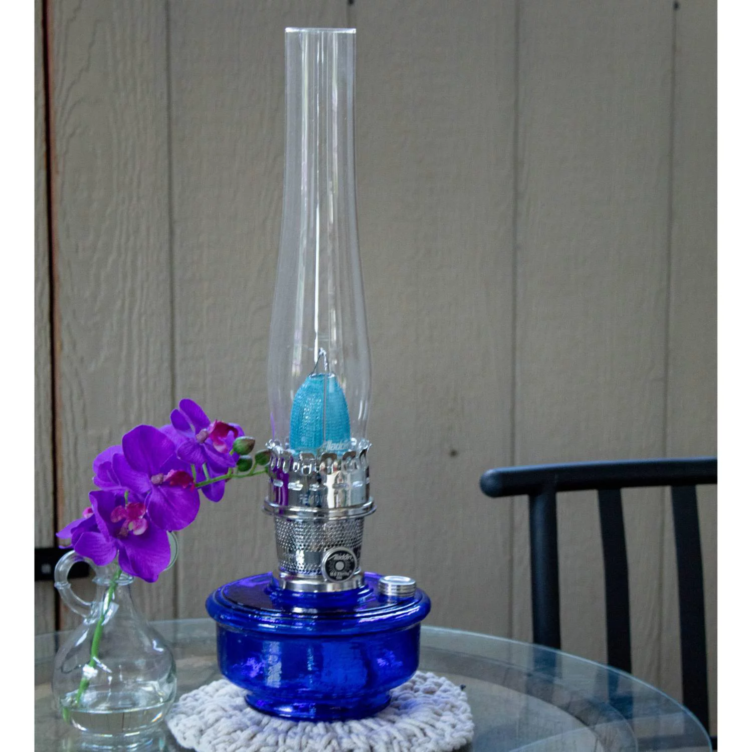 Aladdin Genie III Oil Lamp, Indoor Emergency Lighting for Shelf, Table or Hanging, Cobalt Blue Glass Bowl with Nickel Burner