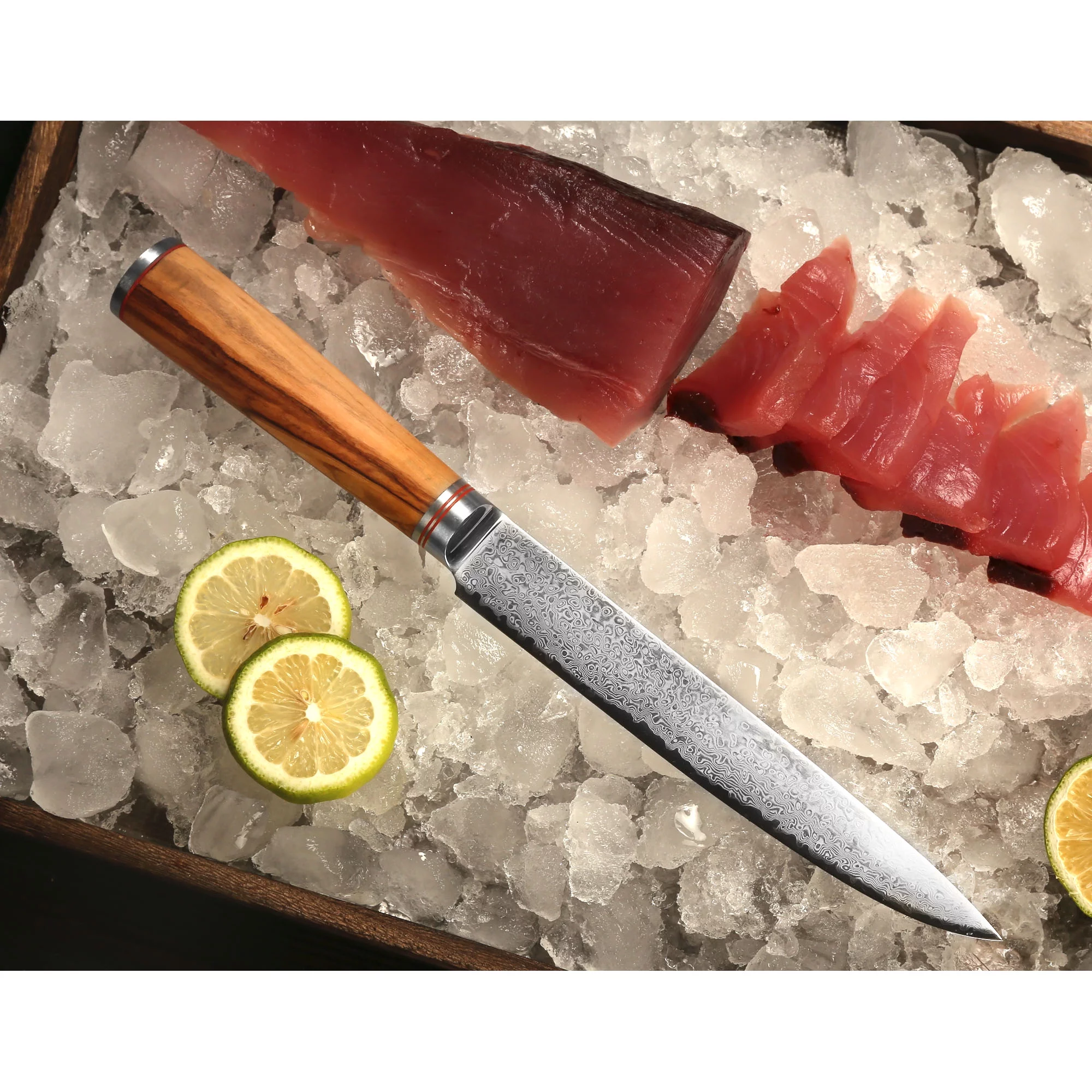 YOUSUNLONG Carving knife 8 Inch - Damascus Steel and Italian Olive Wood Fillet Knife