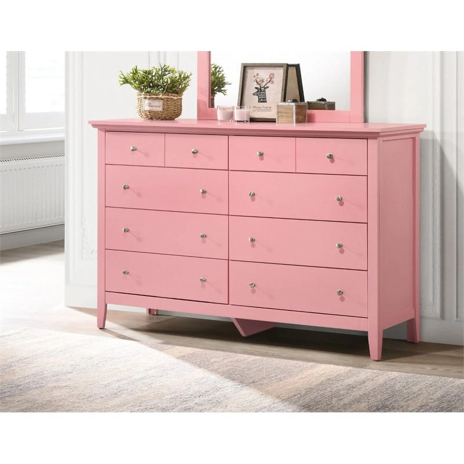 Home Square 3-Piece Set with Dresser TV Stand and 3-Drawer Nightstand in Pink